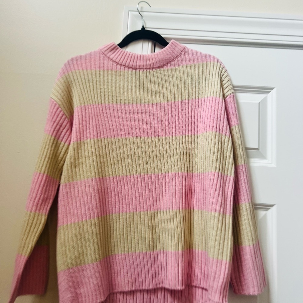Cozy Pink and Tan Striped Women's Sweater - Picture 2 of 6